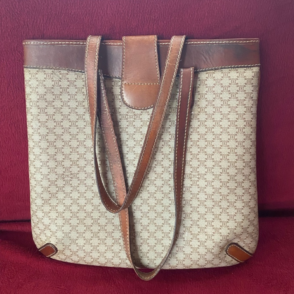 Celine Brown and Cream Patterned Tote Handbag / Purse with Brass Accent - Picture 6 of 10